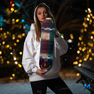 Sophisticated Holiday Plaid in Green and Burgundy Skateboard