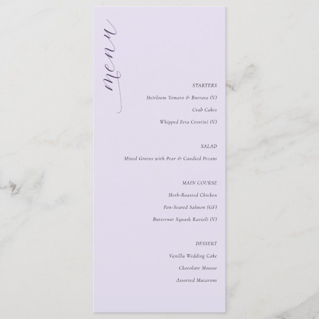 Sophisticated Lavender Minimalist Wedding Menu (Front)