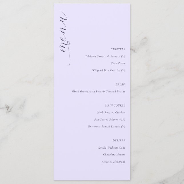 Sophisticated Lavender Minimalist Wedding Menu (Front)