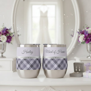 Sophisticated Lavender Plaid Maid of Honor Thermal Wine Tumbler
