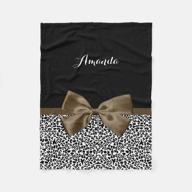 Sophisticated Leopard Print Brown Bow With Name Fleece Blanket (Front)