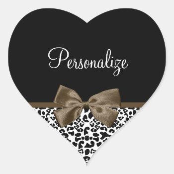Sophisticated Leopard Print Brown Bow With Name Heart Sticker by ohsogirly at Zazzle