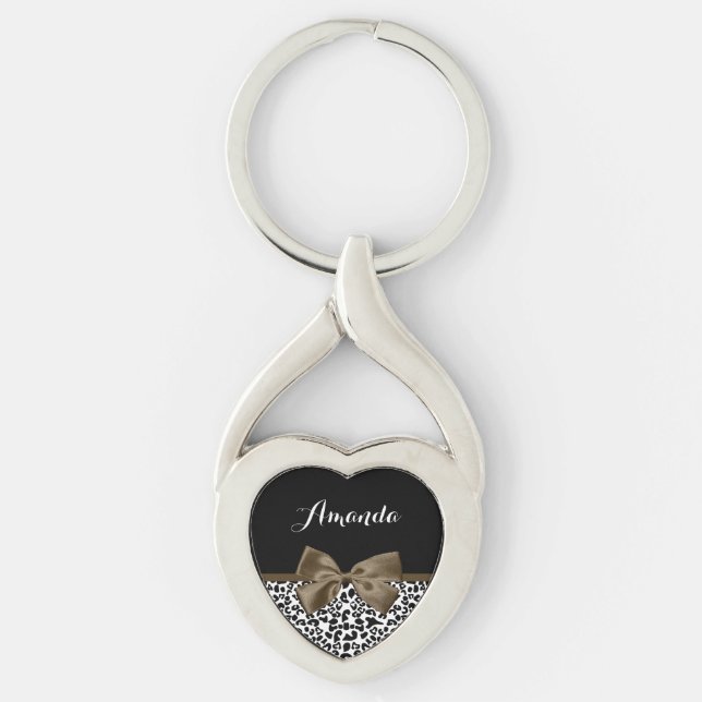 Sophisticated Leopard Print Brown Bow With Name Keychain (Front)
