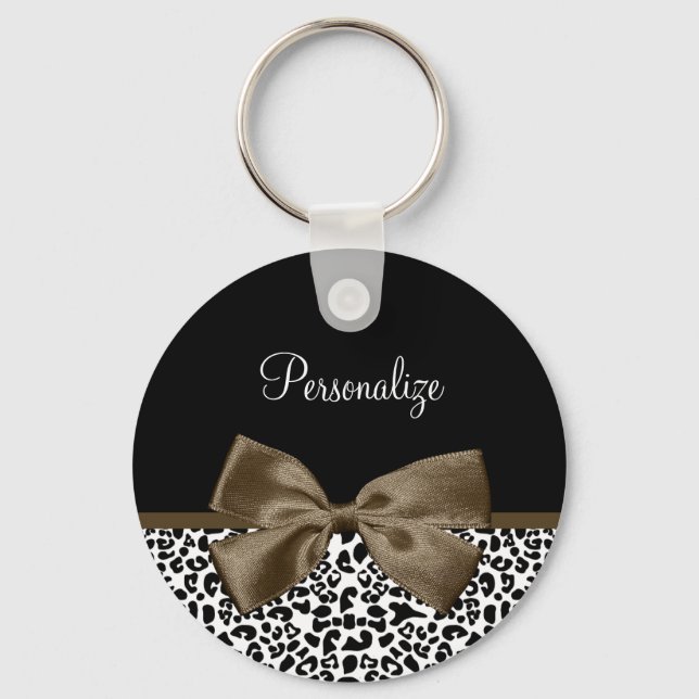 Sophisticated Leopard Print Brown Bow With Name Keychain (Front)