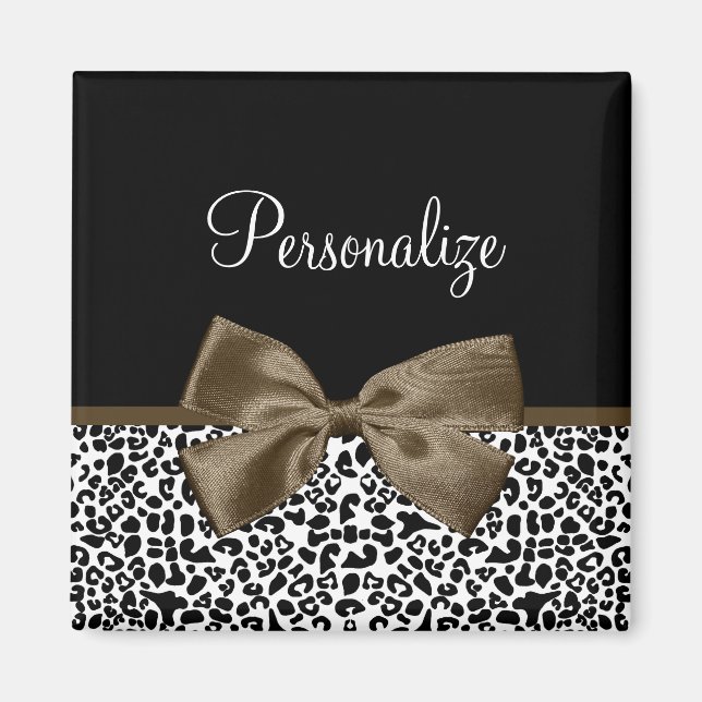 Sophisticated Leopard Print Brown Bow With Name Magnet (Front)