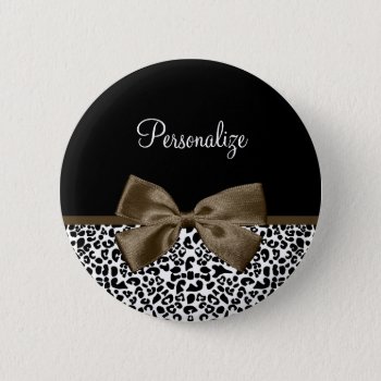 Sophisticated Leopard Print Brown Bow With Name Pinback Button by ohsogirly at Zazzle