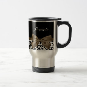 Sophisticated Leopard Print Brown Bow With Name Travel Mug