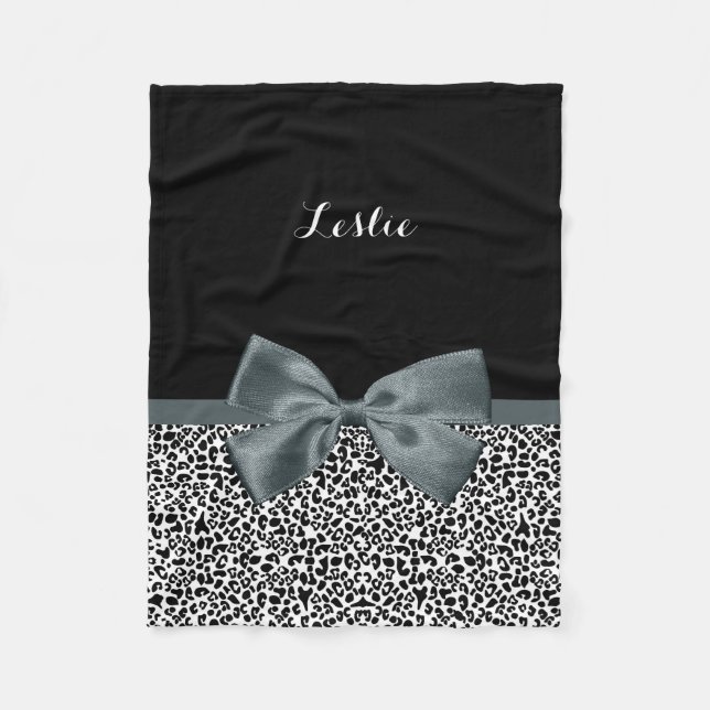 Sophisticated Leopard Print Gray Bow With Name Fleece Blanket (Front)