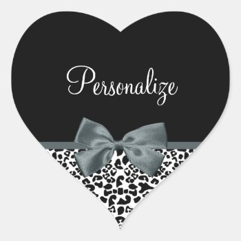 Sophisticated Leopard Print Gray Bow With Name Heart Sticker by ohsogirly at Zazzle