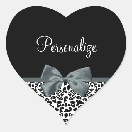 Sophisticated Leopard Print Gray Bow With Name Heart Sticker