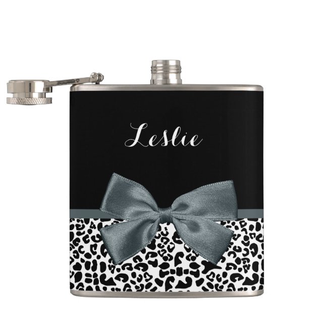 Sophisticated Leopard Print Gray Bow With Name Hip Flask (Opened)