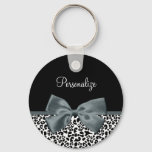 Sophisticated Leopard Print Gray Bow With Name Keychain at Zazzle