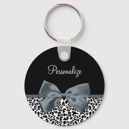 Sophisticated Leopard Print Gray Bow With Name Keychain