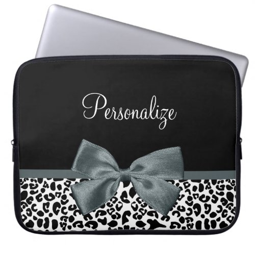 Sophisticated Leopard Print Gray Bow With Name Laptop Sleeve
