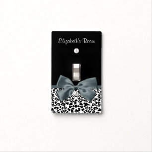 Sophisticated Leopard Print Gray Bow With Name Light Switch Cover