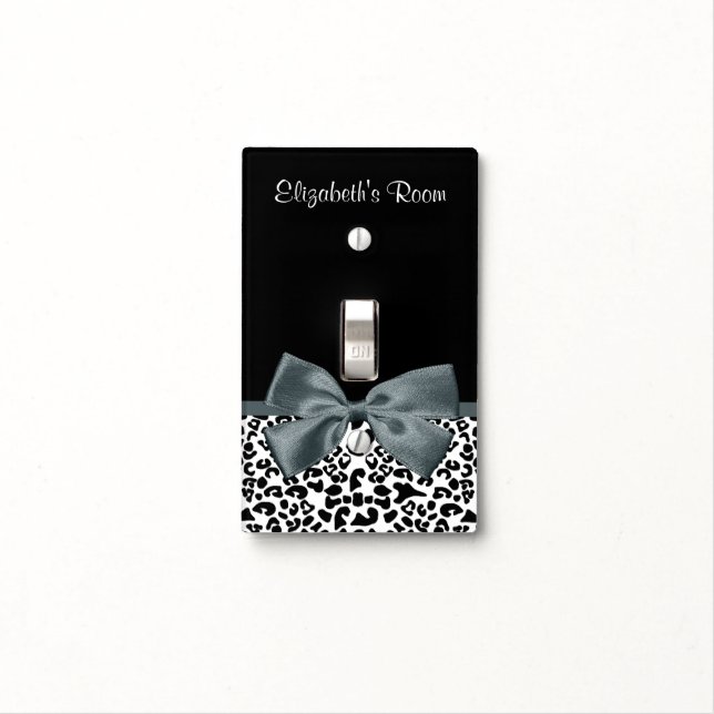 Sophisticated Leopard Print Gray Bow With Name Light Switch Cover (In Situ)