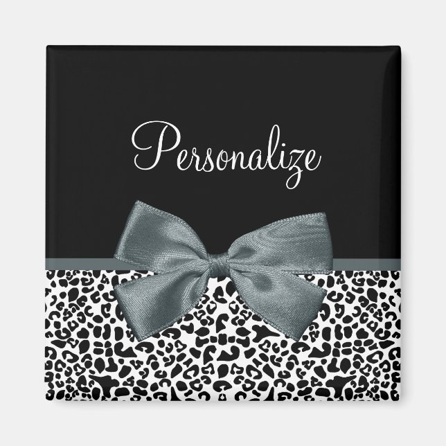 Sophisticated Leopard Print Gray Bow With Name Magnet (Front)