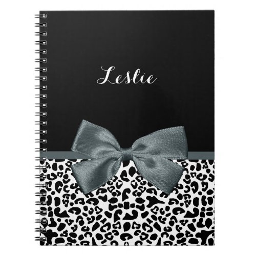 Sophisticated Leopard Print Gray Bow With Name Notebook