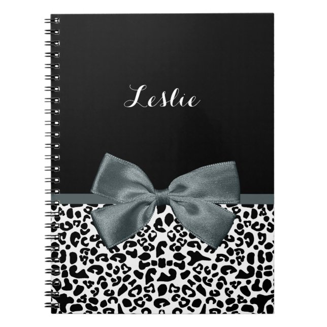 Sophisticated Leopard Print Gray Bow With Name Notebook (Front)