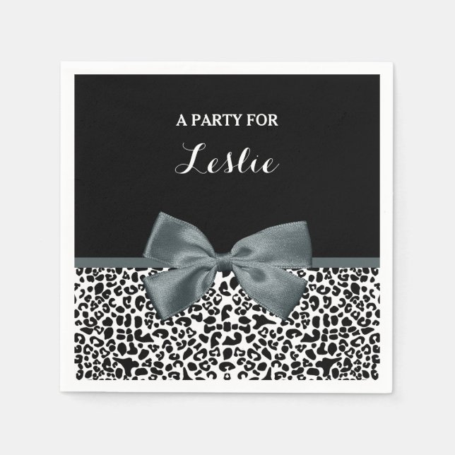Sophisticated Leopard Print Gray Bow With Name Paper Napkins (Front)