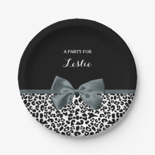 Sophisticated Leopard Print Gray Bow With Name Paper Plates