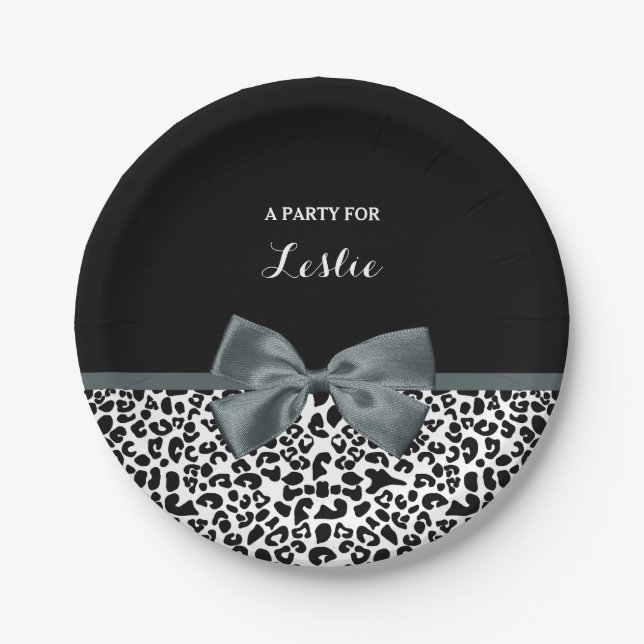 Sophisticated Leopard Print Gray Bow With Name Paper Plates (Front)
