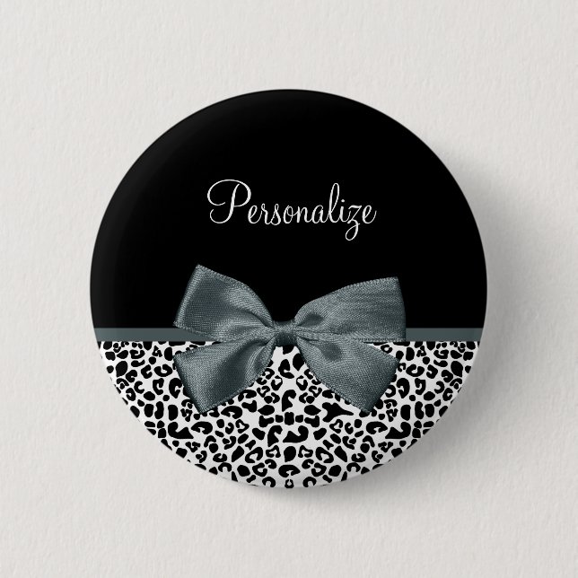 Sophisticated Leopard Print Gray Bow With Name Pinback Button (Front)