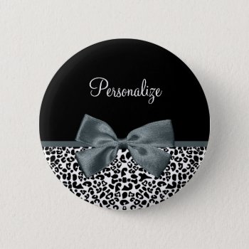 Sophisticated Leopard Print Gray Bow With Name Pinback Button by ohsogirly at Zazzle