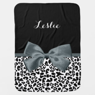 Sophisticated Leopard Print Gray Bow With Name Receiving Blanket