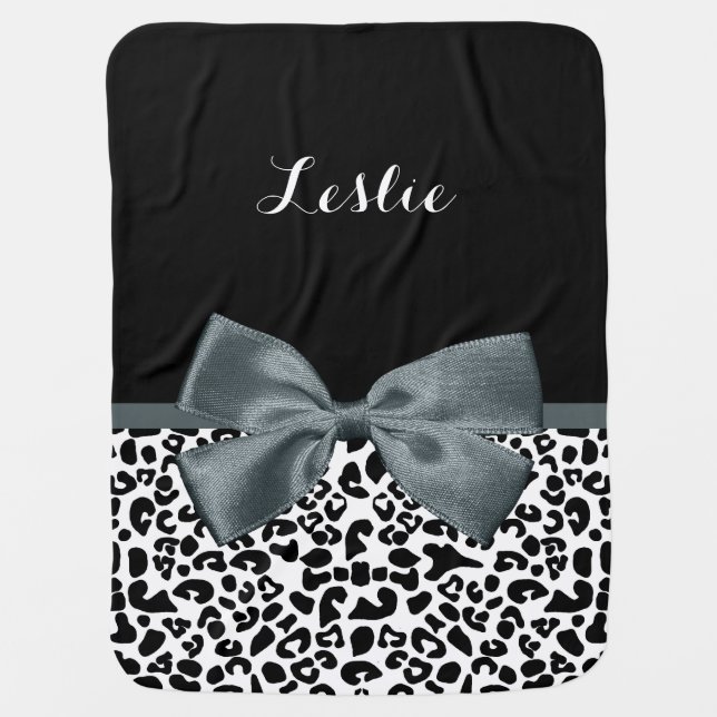 Sophisticated Leopard Print Gray Bow With Name Receiving Blanket (Front)