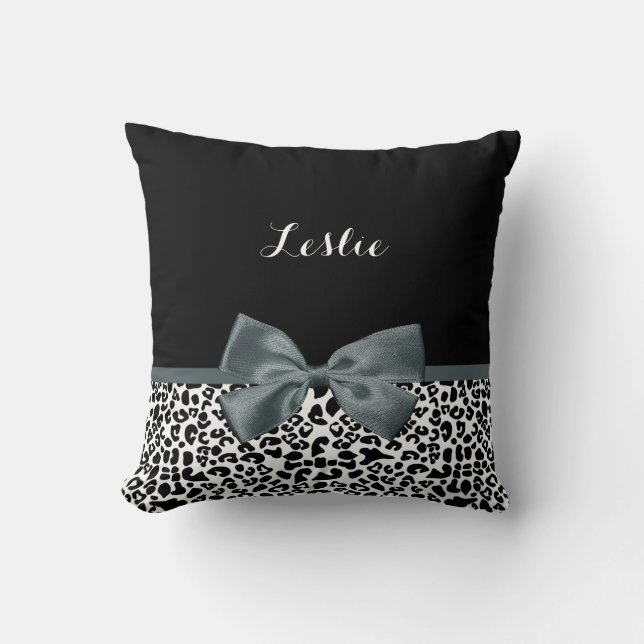 Sophisticated Leopard Print Gray Bow With Name Throw Pillow (Front)