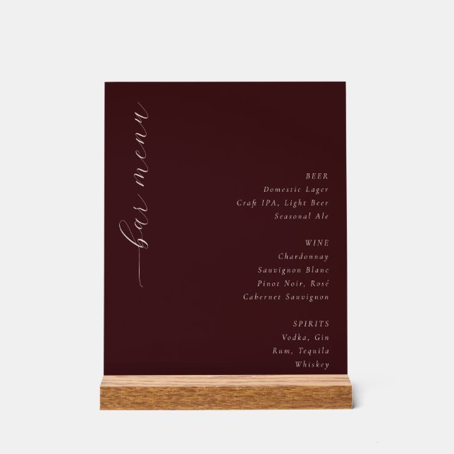 Sophisticated Maroon Elegant Bar Menu Acrylic Sign (Front)