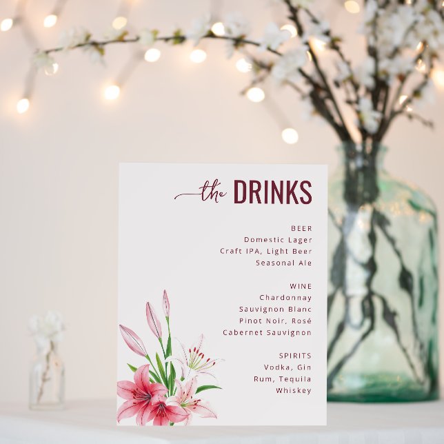 Sophisticated Maroon Floral Wedding Menu Foam Board (In Situ (Wedding))