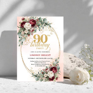 Sophisticated Marsala Peonies Gold 90th Birthday Invitation