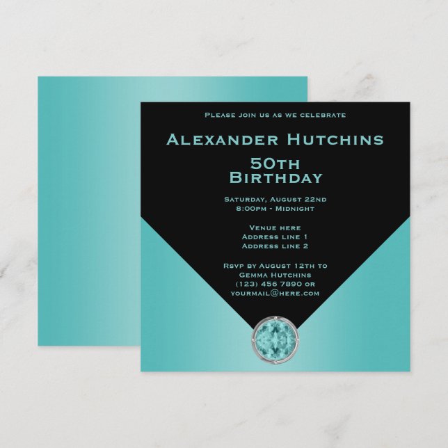 Sophisticated Masculine Black & Aqua Birthday Invitation (Front/Back)