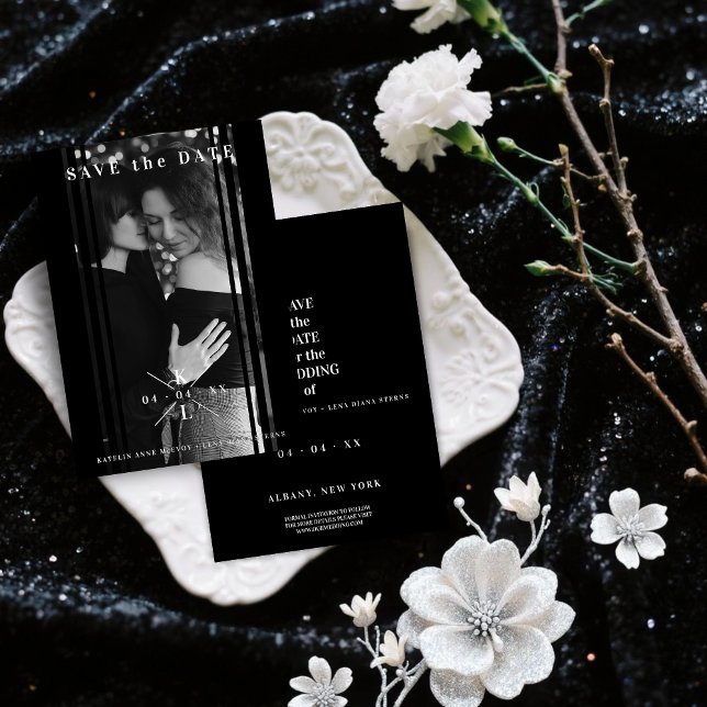 Sophisticated Minimal Black & White Couple Wedding Foil Invitation (Sophisticated B&W Photo Couple Lesbian Gay Wedding Real Silver Foil Save the Date Card)