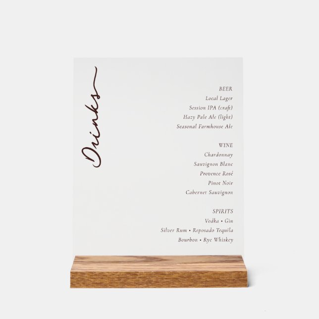Sophisticated Minimalist Beverage Menu Acrylic Sign (Front)