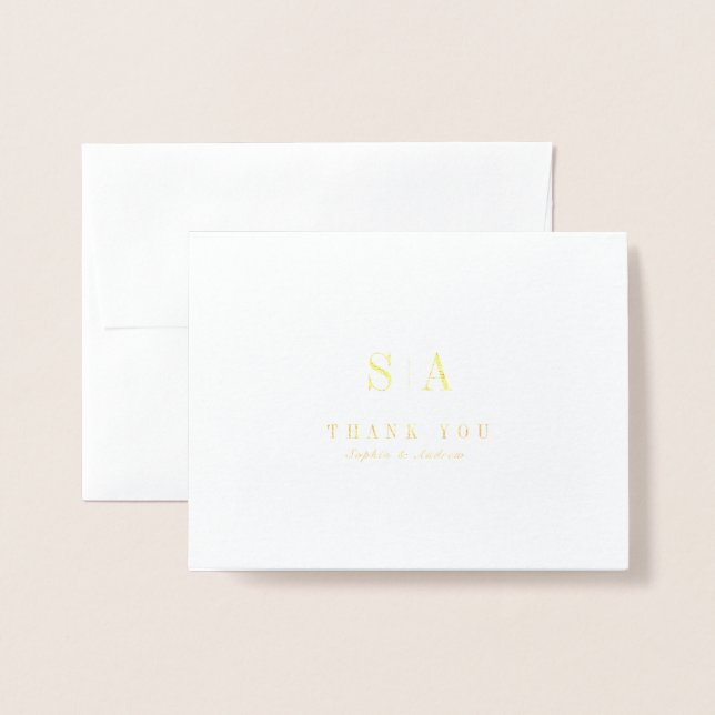 Sophisticated minimalist monogram thank you foil card (Front With Envelope)