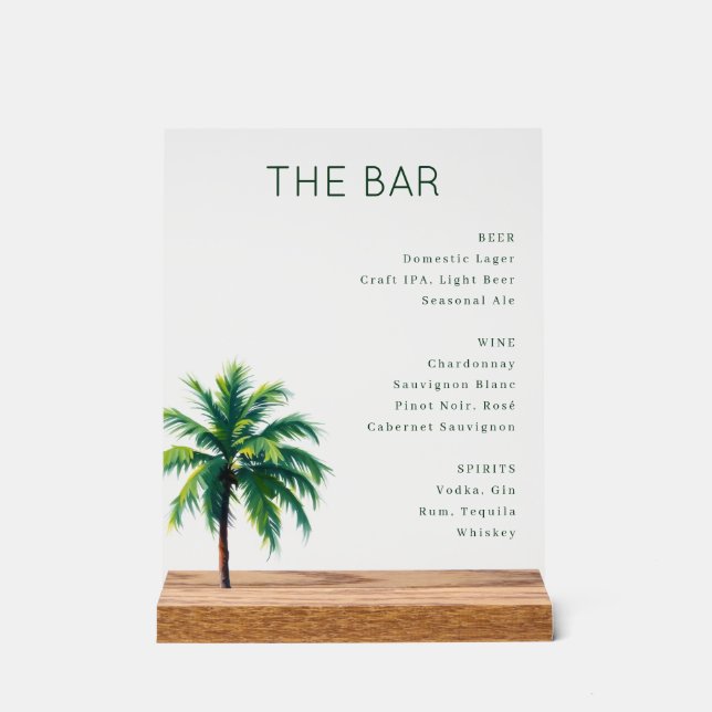 Sophisticated Minimalist Palm Tree Menu Acrylic Sign (Front)