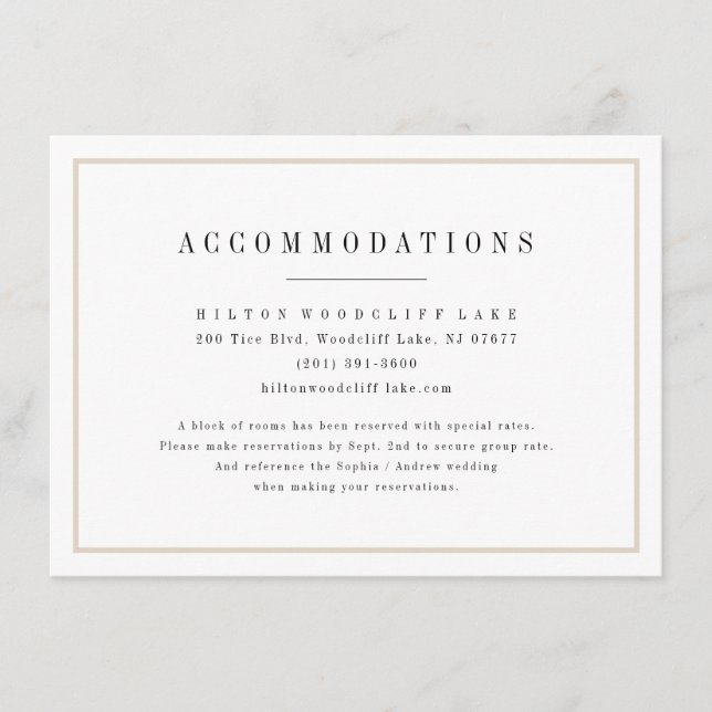 Sophisticated minimalist wedding accommodations enclosure card (Front)