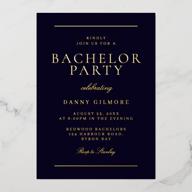 Sophisticated Modern Bachelor Party  Black & Gold  Foil Invitation (Front)