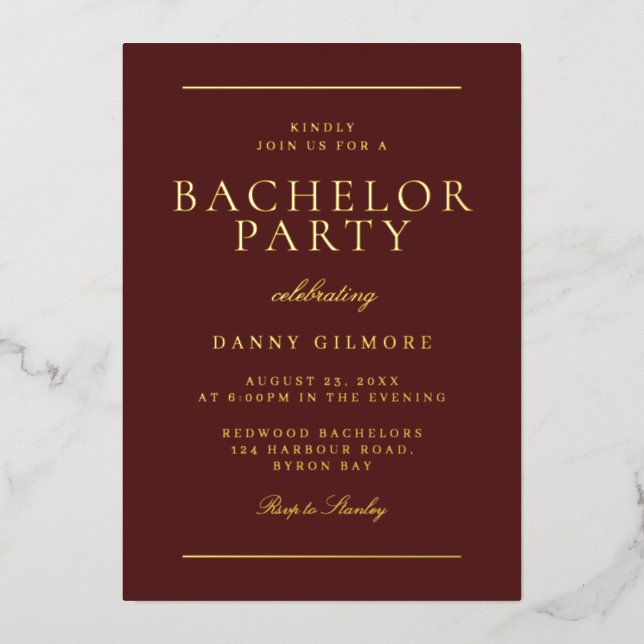 Sophisticated Modern Bachelor Party Burgundy Gold  Foil Invitation (Front)