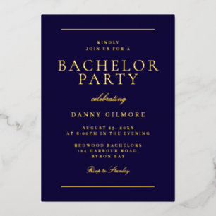 Sophisticated Modern Bachelor Party Navy & Gold  Foil Invitation