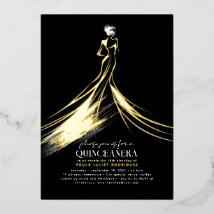 Sophisticated Modern Black Elegant Quinceanera Foil Invitation