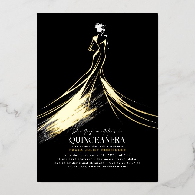 Sophisticated Modern Black Elegant Quinceanera Foil Invitation (Front)