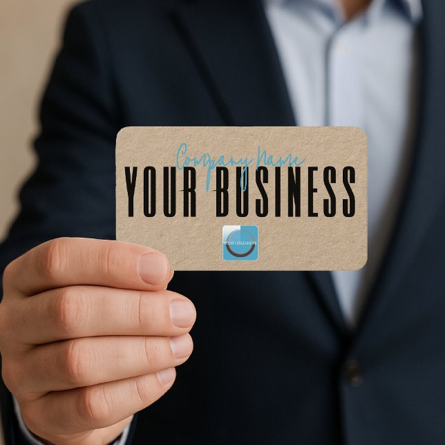 Sophisticated Modern Kraft Blue Logo Generic  Business Card (front of the kraft business card shown in a person's hand)