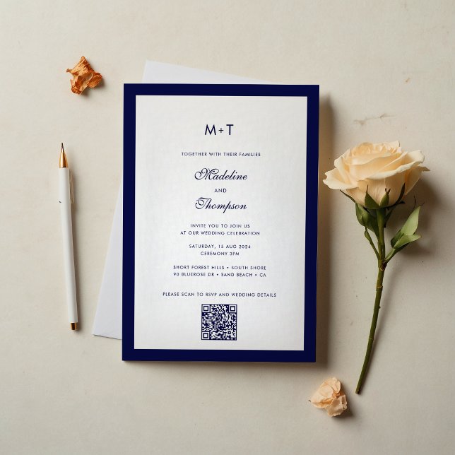 Sophisticated Modern Navy Blue QR Code Wedding Invitation (Creator Uploaded)