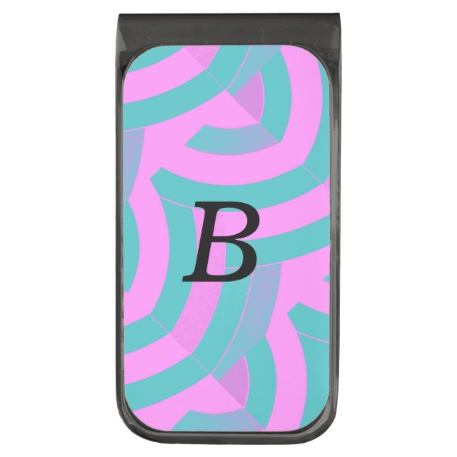 sophisticated modern pink/green initialed chevron gunmetal finish money clip (Front Vertical)
