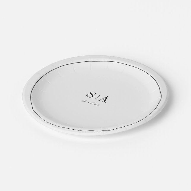 Sophisticated monogram black and white minimalist paper plates (Angled)