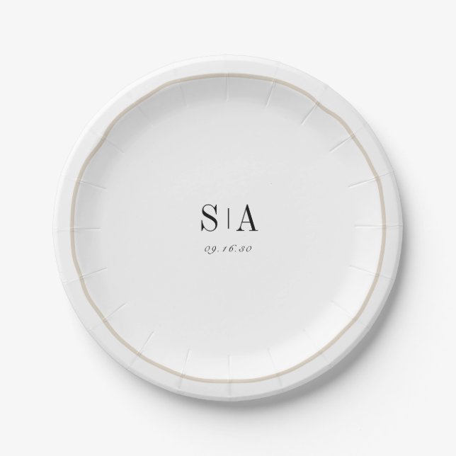 Sophisticated monogram black and white minimalist paper plates (Front)